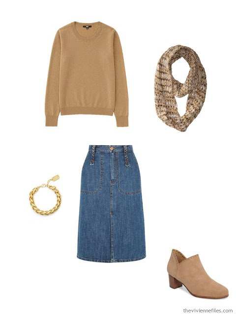 camel cashmere crewneck sweater with denim skirt