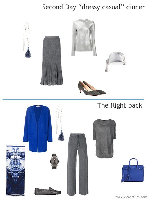 two outfits from a travel capsule wardrobe in grey and shades of blue