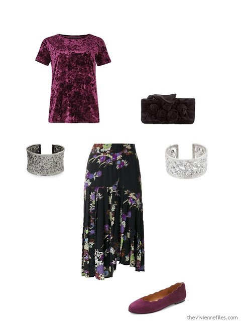 velvet tee shirt and floral skirt black tie outfit