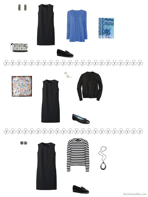 3 ways to style a sleeveless black dress from a travel capsule wardrobe