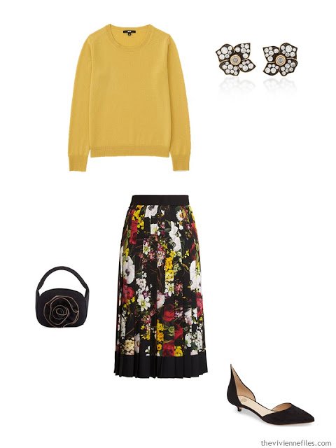 gold cashmere crewneck sweater with floral print skirt