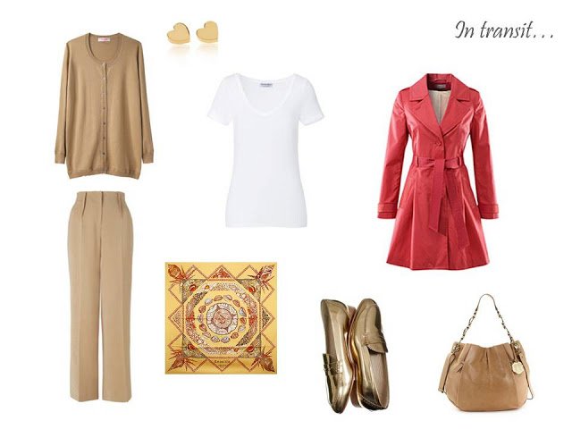 travel outfit in camel and white with coral and gold accents