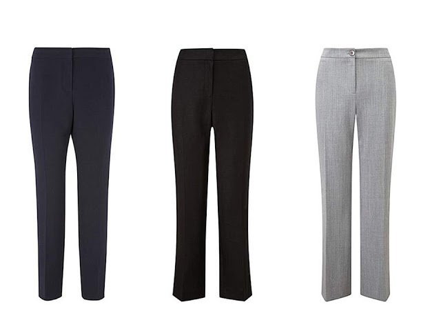 three pairs of classic trousers in cool colors