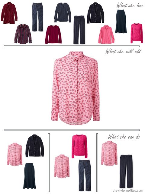 adding a pink star printed shirt to a capsule wardrobe in red and navy, for cool weather