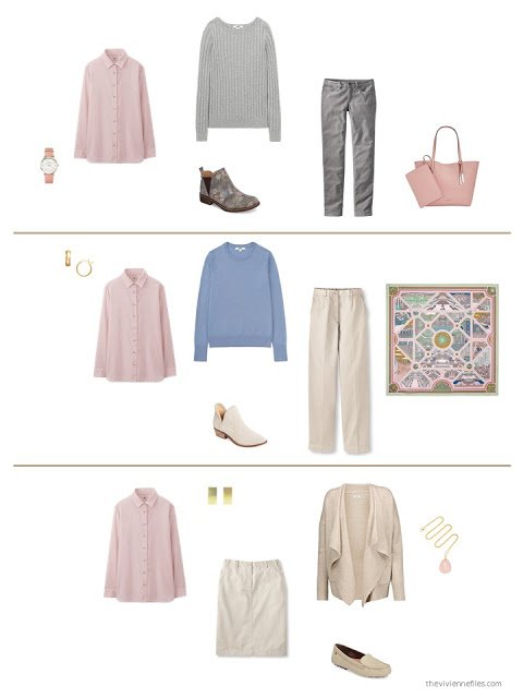 three outfits from a beige, pink and grey capsule wardrobe