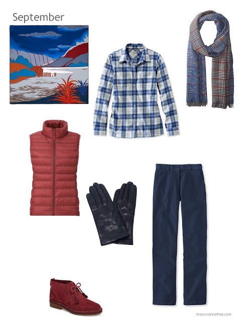 a fall and winter outfit in navy, red and white