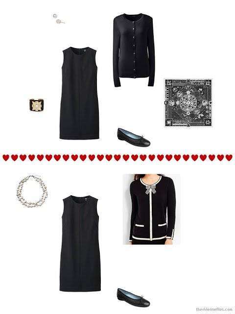 two ways to wear a sleeveless black dress with a cardigan from a travel capsule wardrobe