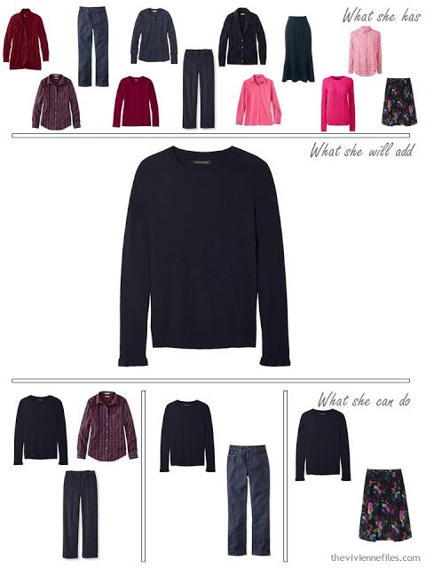 adding a navy sweater to a capsule wardrobe in red and navy, for cool weather