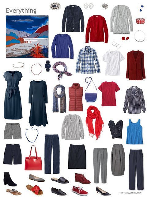 capsule wardrobe in navy, grey and shades of red