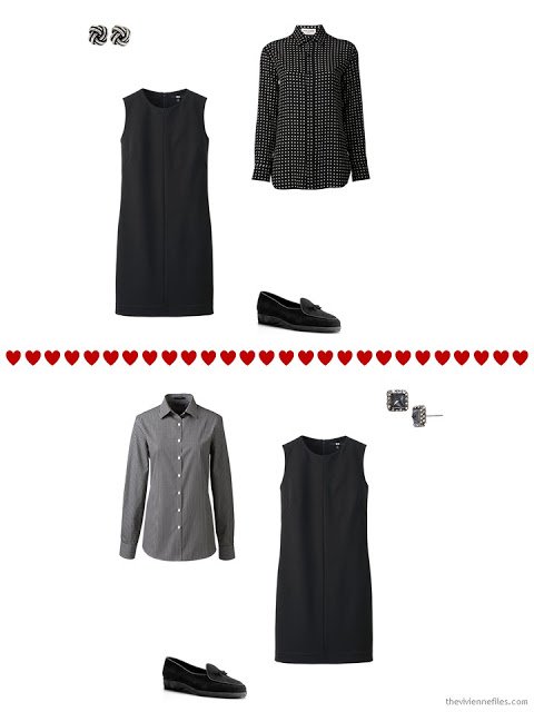 two ways to layer a sleeveless black dress from a travel capsule wardrobe