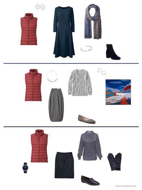 three outfits from a wardrobe in navy, grey and shades of red