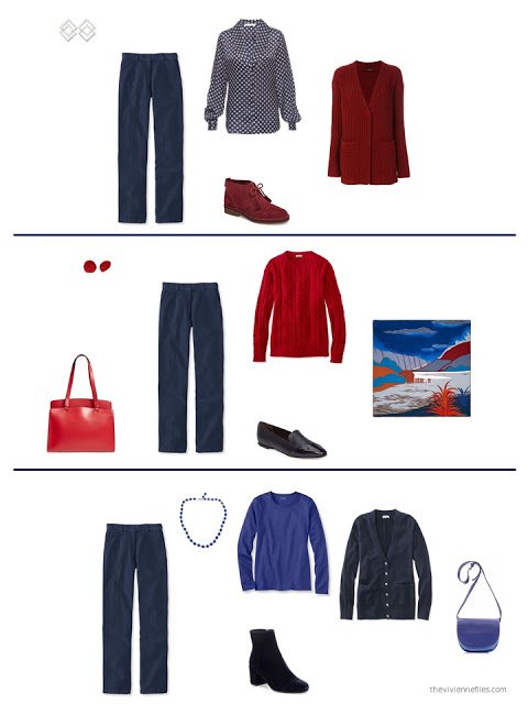 three outfits from a wardrobe in navy, grey and shades of red