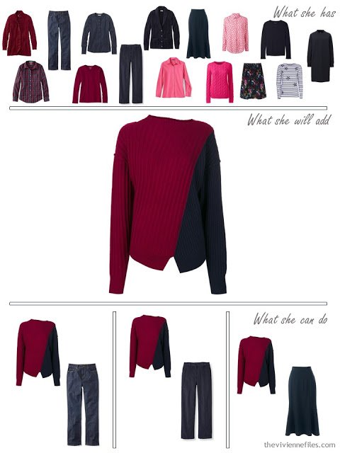 adding a navy and burgundy sweater to a capsule wardrobe in red and navy, for cool weather