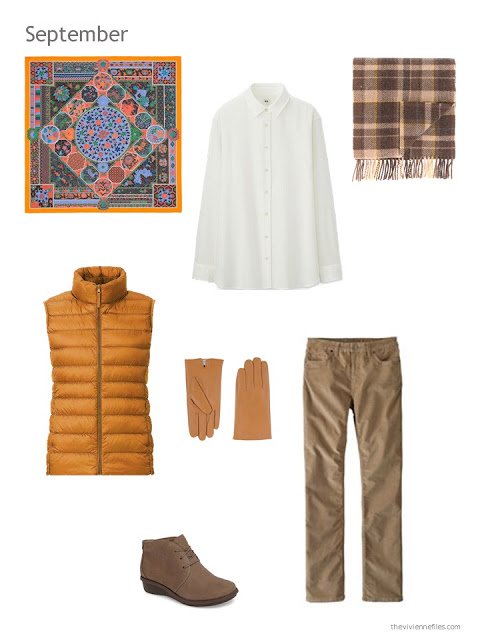 a fall and winter outfit in cream, brown and marigold