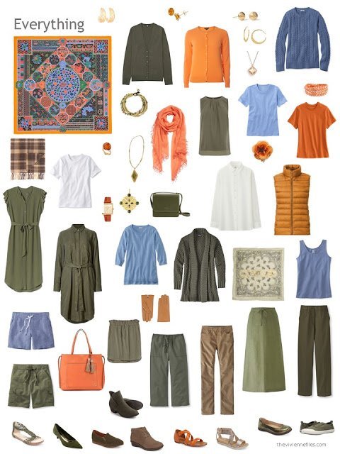 a capsule wardrobe in olive, orange and blue