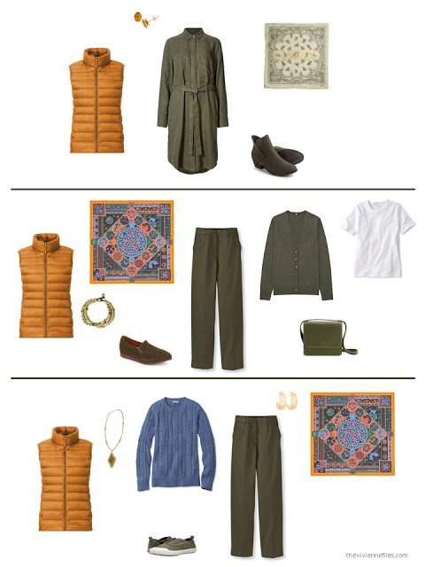 three outfits from a capsule wardrobe in olive, orange and brown