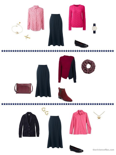 3 ways to wear a navy skirt from a capsule wardrobe