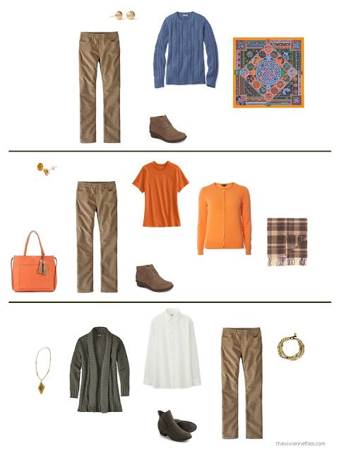 three outfits from a capsule wardrobe in olive, orange and brown