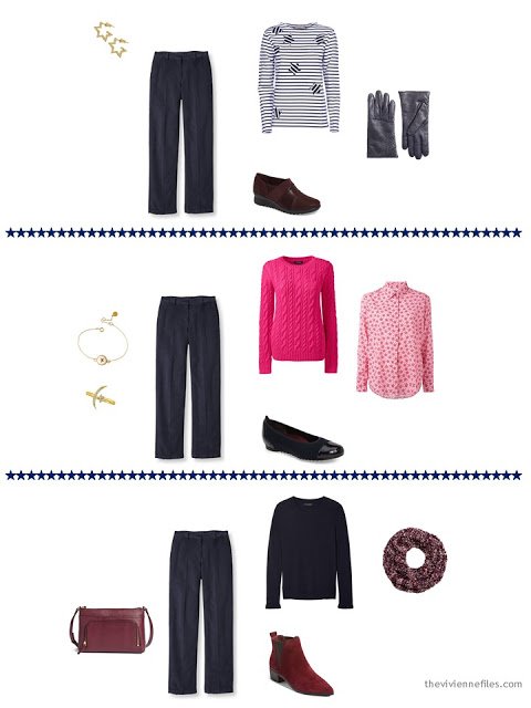 3 ways to wear navy corduroy pants from a capsule wardrobe