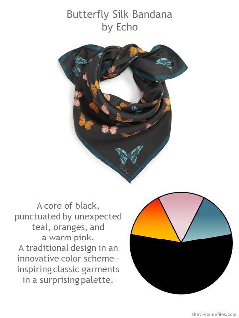 Echo Butterfly Silk Bandana in black with teal with style guidelines and color palette