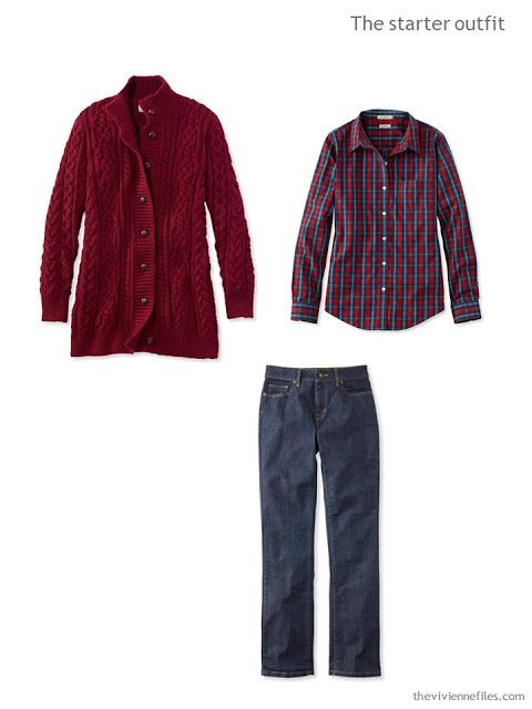 A starter wardrobe outfit in burgundy and denim, for cool weather