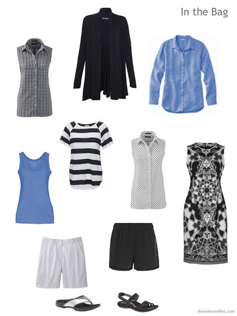 warm-weather travel capsule wardrobe in black, white and cornflower blue