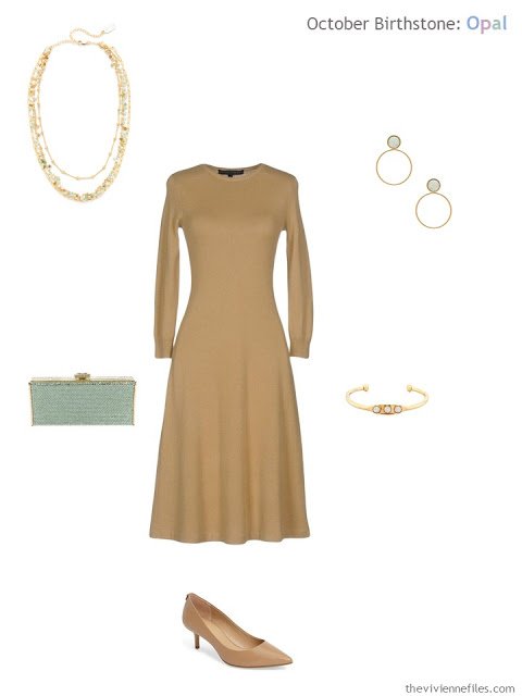 camel dress with green opal jewelry