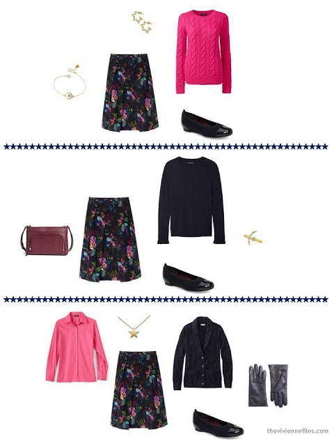 3 ways to wear navy floral skirt from a capsule wardrobe