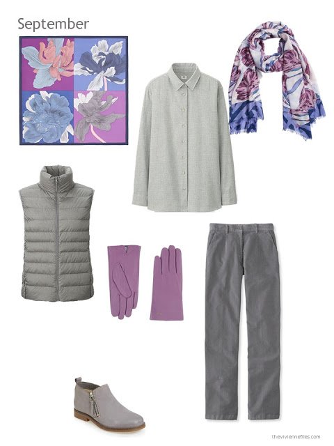 a fall and winter outfit in grey with orchid accents