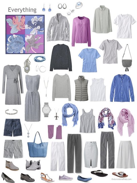 capsule wardrobe in grey and white with accents of orchid and blue