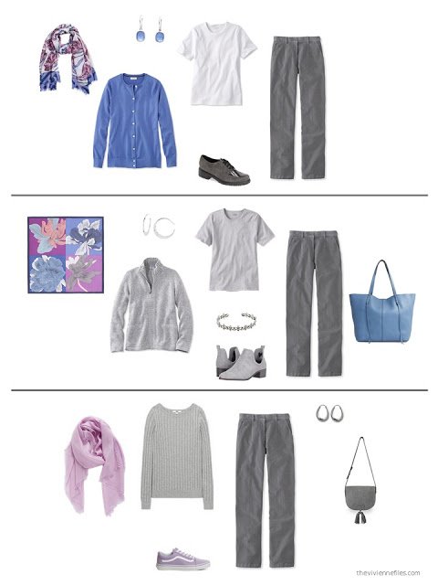 three outfits from a capsule wardrobe in grey with orchid and blue