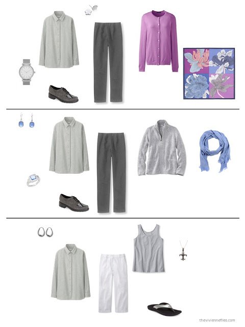 three outfits from a capsule wardrobe in grey with orchid and blue