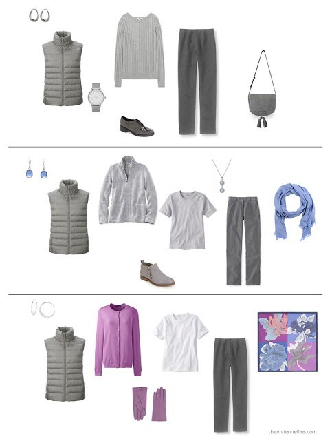 three outfits from a capsule wardrobe in grey with orchid and blue