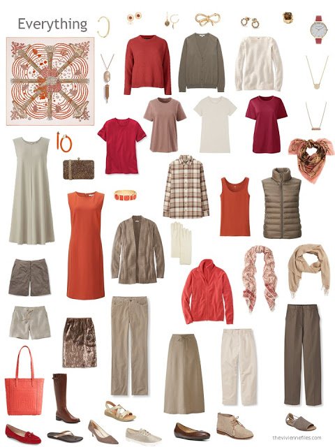 capsule wardrobe in shades of brown with red and orange