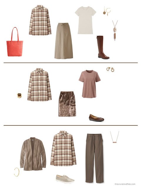 three outfits from a capsule wardrobe in brown with red and orange