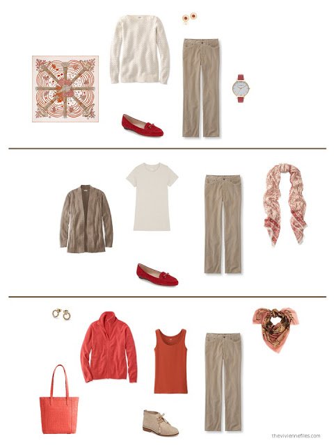 three outfits from a capsule wardrobe in brown with red and orange