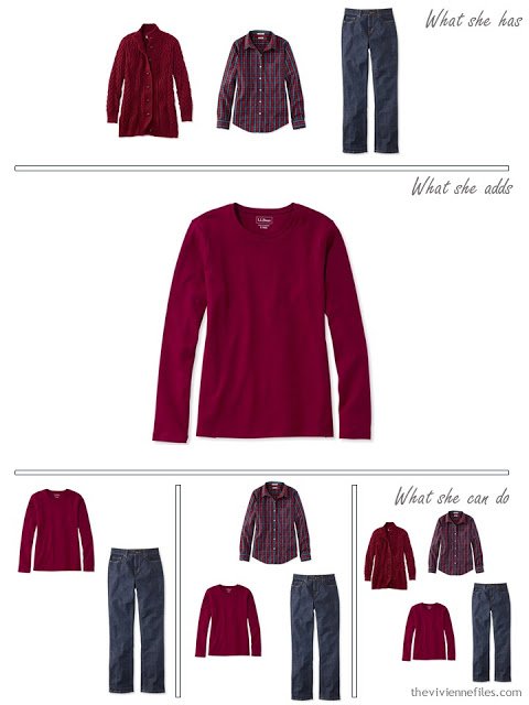 adding a burgundy long-sleeved tee shirt to a capsule wardrobe in red and navy, for cool weather