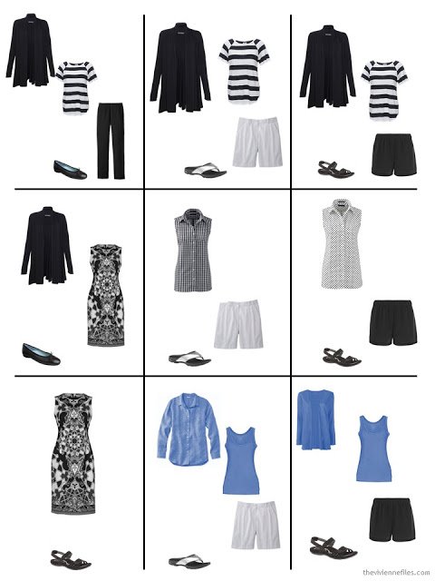 nine outfits from a warm weather travel capsule wardrobe in black, white and cornflower blue