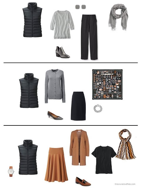 three outfits from a black, white, grey and brown capsule wardrobe