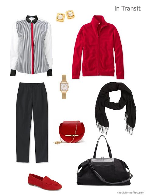 travel outfit for cool weather in black, white and red