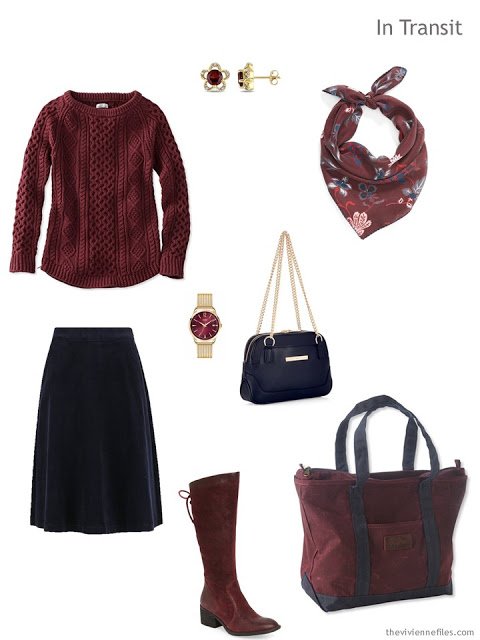 autumn travel outfit in burgundy and navy blue