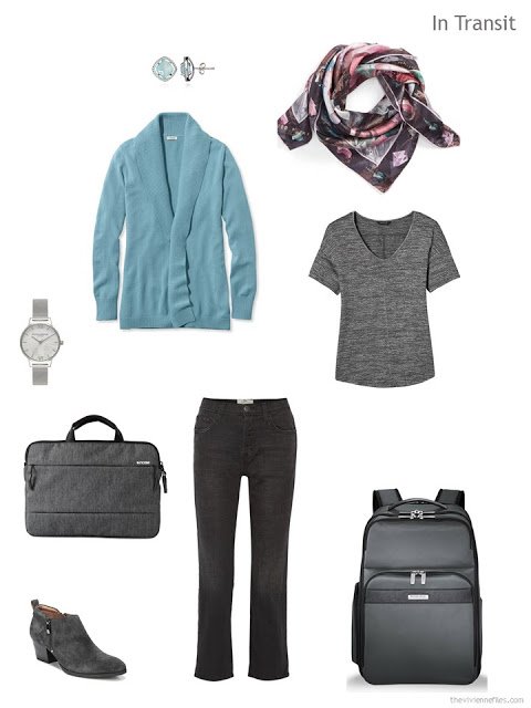 travel outfit in charcoal grey and soft teal for cool weather
