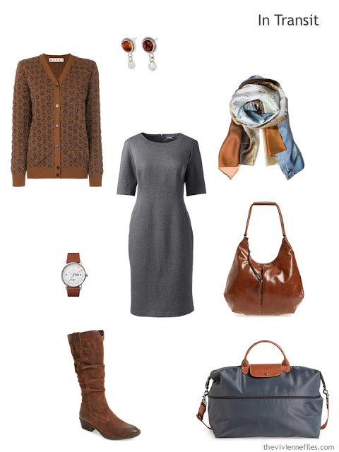 business travel outfit in rust and grey