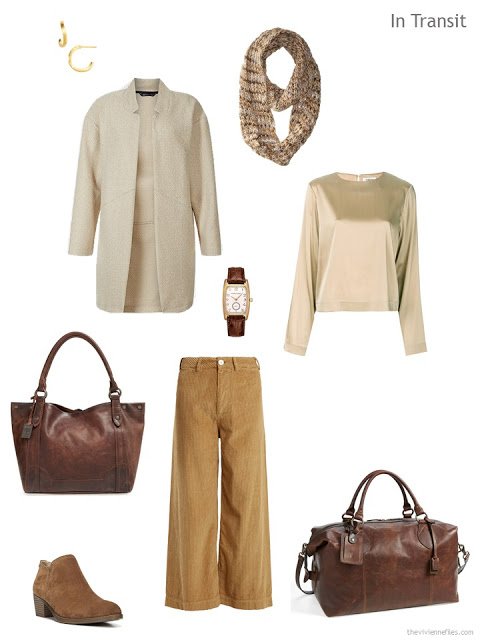 cool weather travel outfit in cream, gold and camel with brown accents