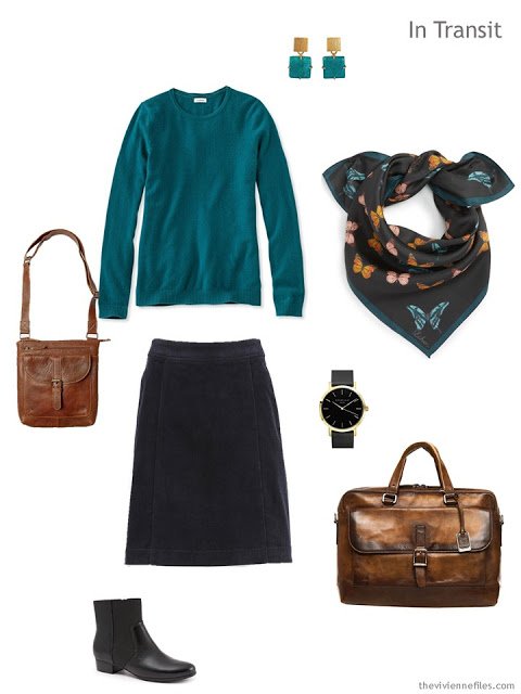 travel outfit in teal and black, with Echo silk butterfly bandana and brown leather accessories