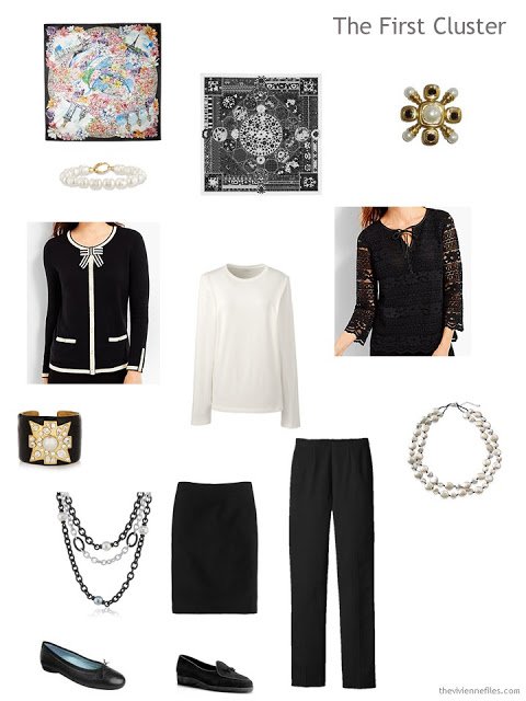 a dressy black and cream travel cluster featuring two tops from Talbots