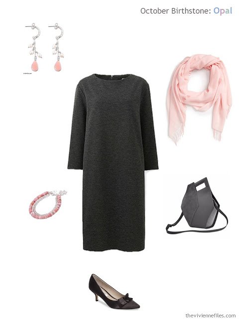 charcoal dress with rose pearl jewelry