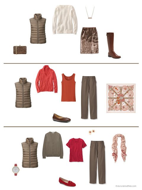 three outfits from a capsule wardrobe in brown with red and orange