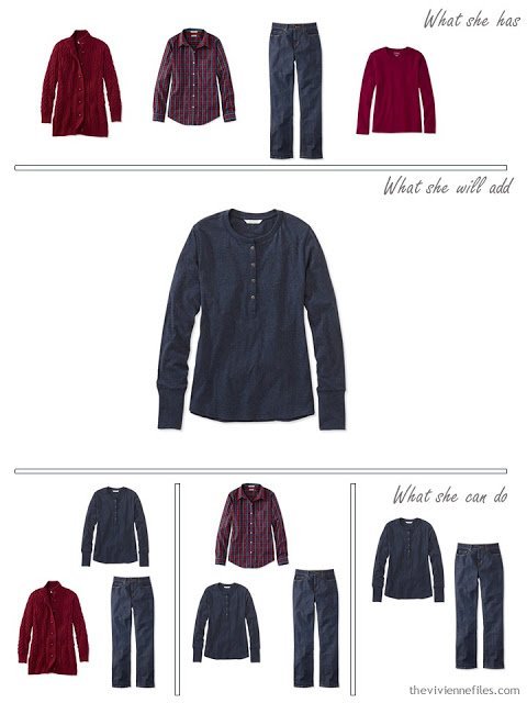 adding a navy Henley shirt to a capsule wardrobe in red and navy, for cool weather