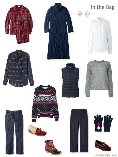 six-pack travel capsule wardrobe in burgundy, grey and navy for cool weather